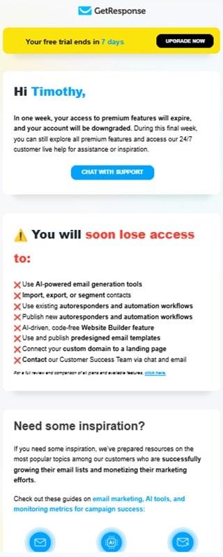 GetResponse's email for free trial users